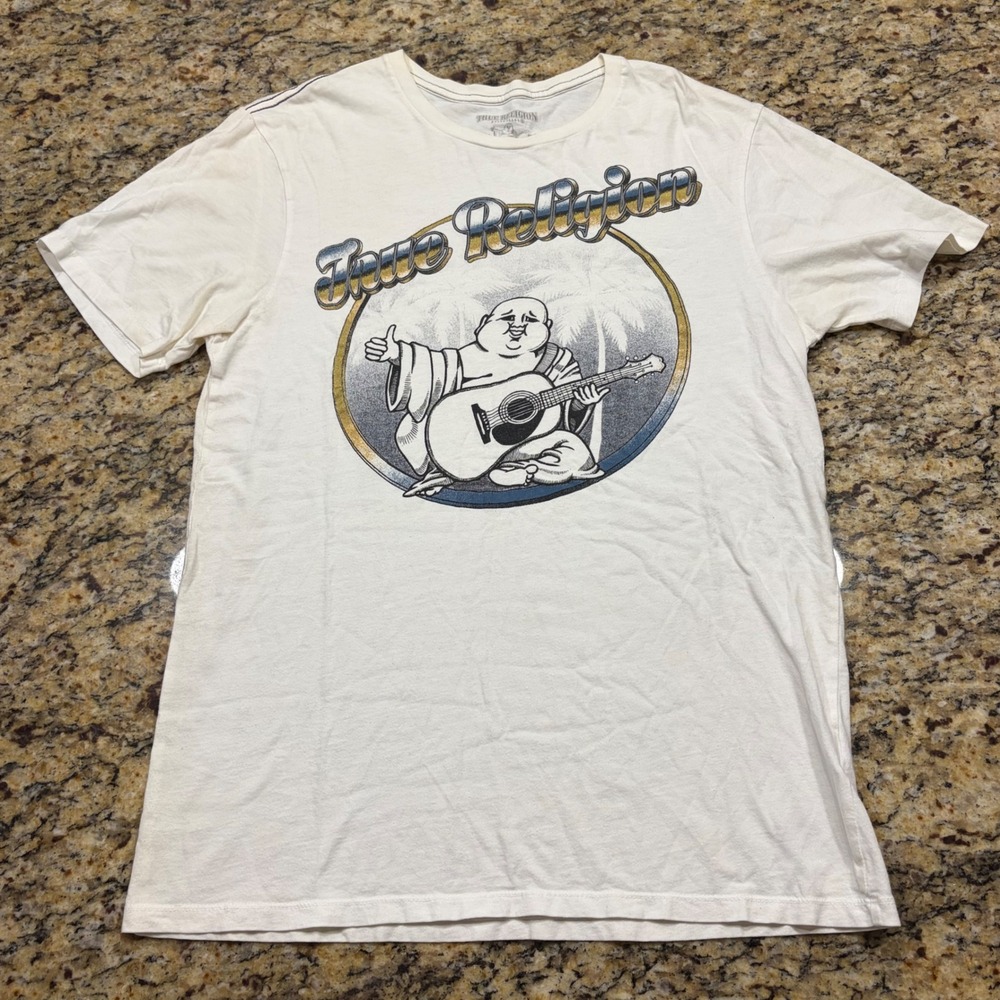 True Religion Mens World Tour Buddha Guitar Graphic T-Shirt Cream Small ws